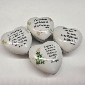 Heart-Shaped Porcelain Trinket Boxes With Inspirational Quotes & Floral Set 4